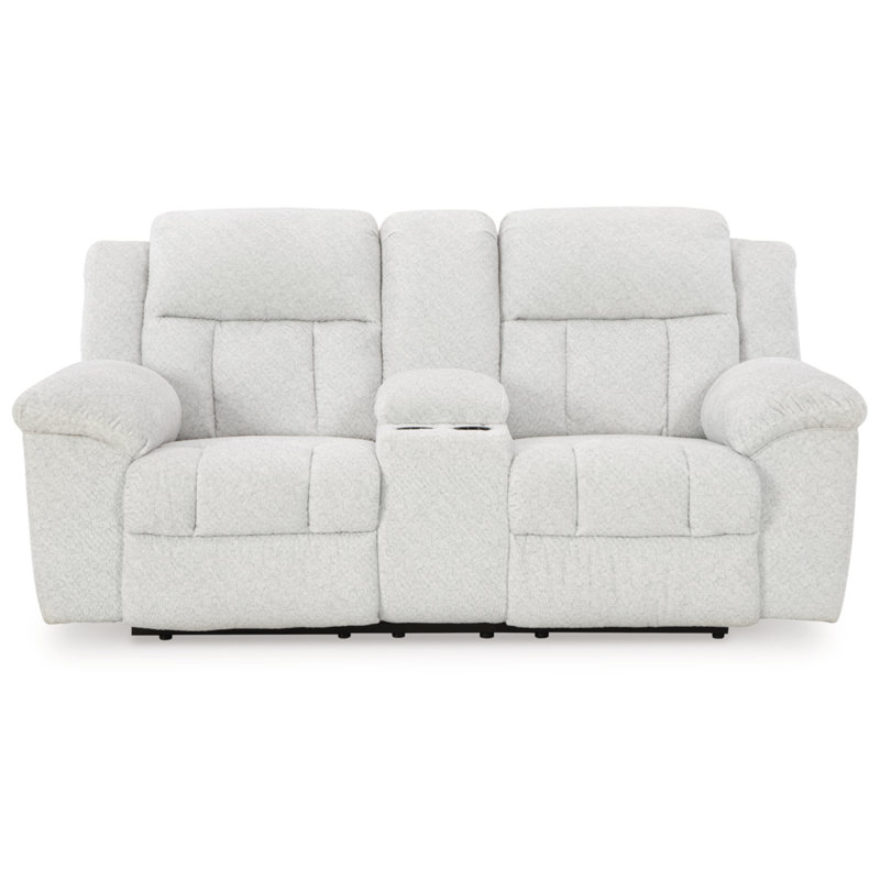Snow White Fabric Reclining Loveseat with Console and Ottoman