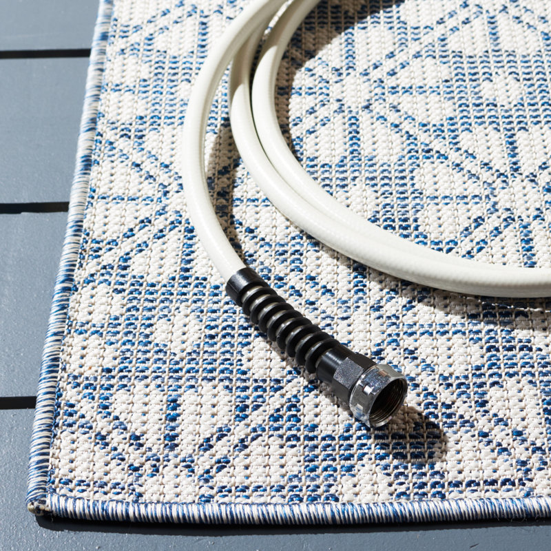 Navy and Ivory Geometric Synthetic Square Rug
