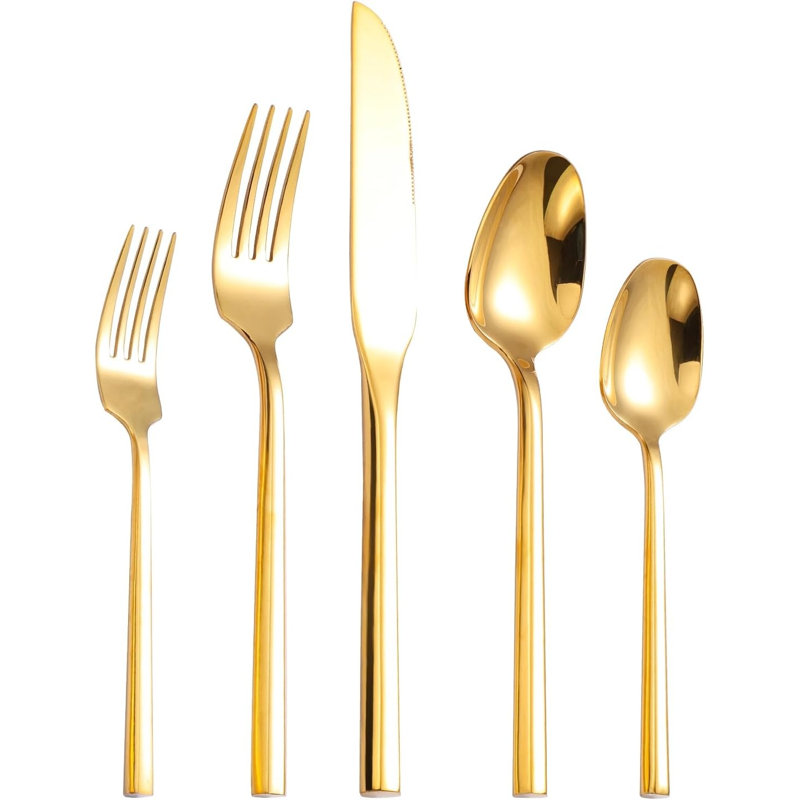 Service de couverts en acier inoxydable 20 pièces pour 4 personnes, ensemble de couverts or miroir avec poignée hexagonale, argenterie allant au lave-vaisselle pour un cadeau de pendaison de crémaillère de mariage