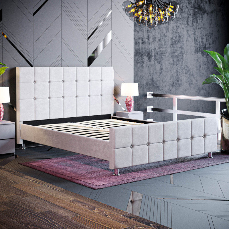 Raul Upholstered Bed Frame, UKFR Certified, Double (4'6)	, Light Grey Velvet