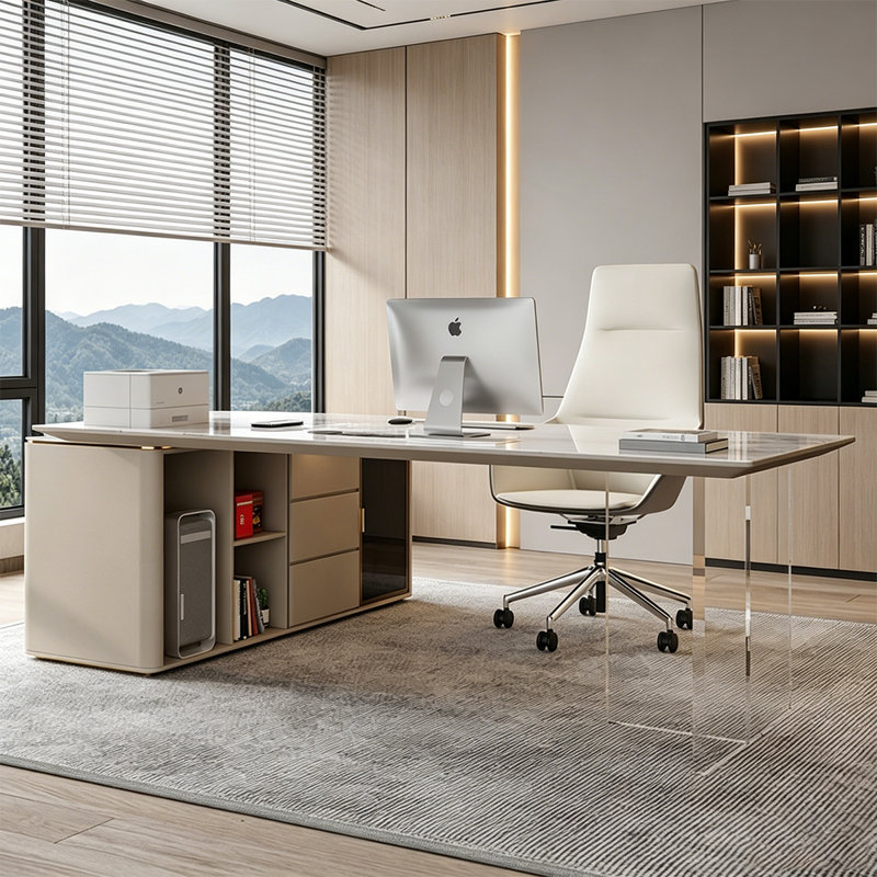 Bureau 78,74 po de style granit blanc de luxe minimaliste, 29.53" H x 78.74" W x 29.53" D
