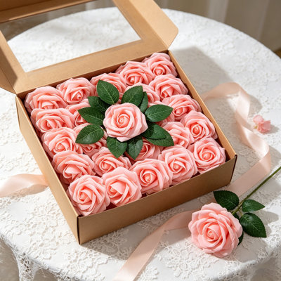 25Pcs Real Looking Pink Foam Fake Roses with Stems – Artificial Flowers for DIY Wedding Bouquets, Bridal Shower Centerpieces, Mother’s Day Party Table Decorations, and Home Arrangements