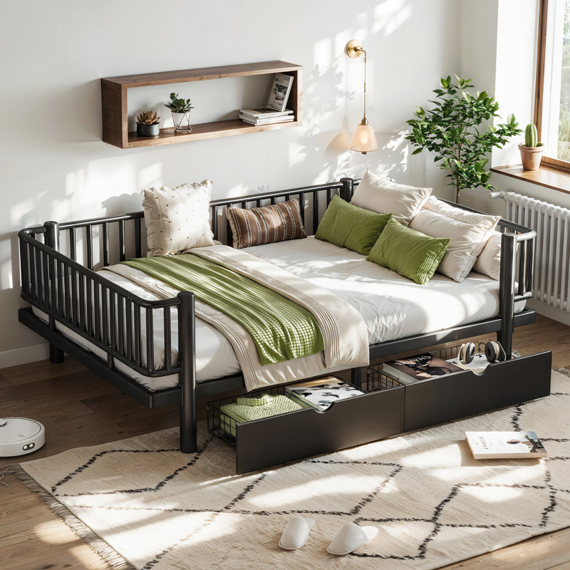 Lit plateforme avec tiroirs de rangement, Lit double, Noir