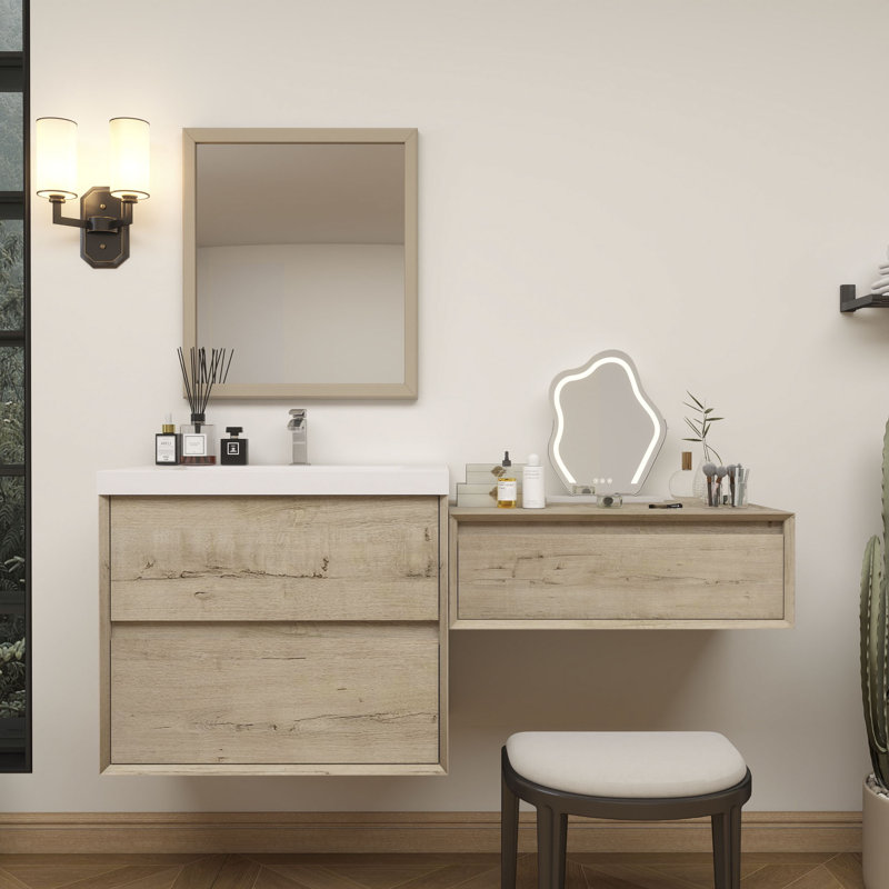 Meuble-lavabo mural Aliki avec évier en acrylique renforcé, Chêne clair, 70"