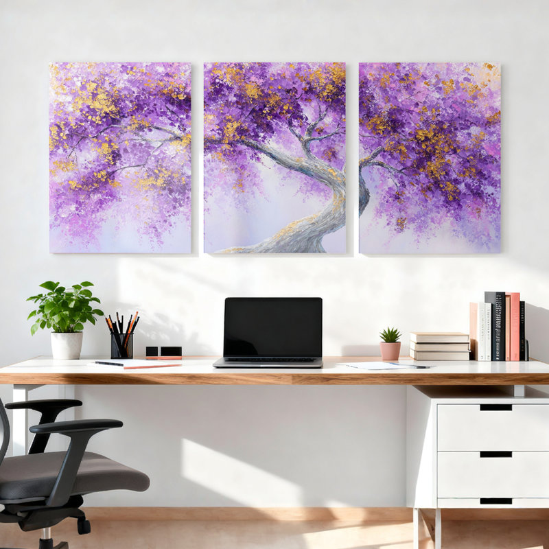 Ensemble de 3 tableaux sur toile représentant un arbre en fleurs violettes, pour la décoration du salon et de la chambre à coucher.