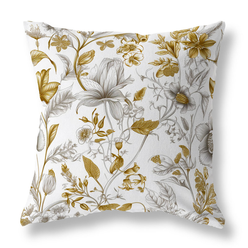 Coussin décoratif intérieur / extérieur Garden Grace, H 26 po x l 26 po, Floral, blanc et or