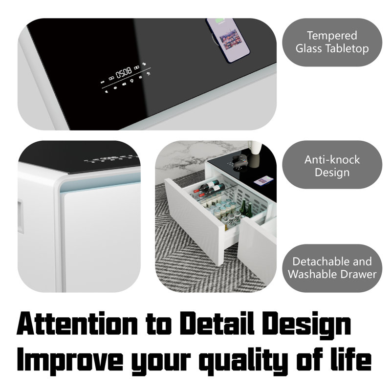 Smart Coffee Table with Fridge, Wireless Charging and Speakers, White
