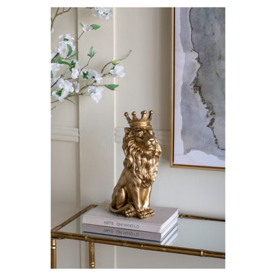 Statue de lion doré couronné assis - Résine et figurine d'animal en pierre pour la décoration intérieure