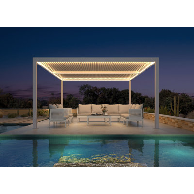 PURPLE LEAF 12' x 14' LED Louvered Pergola with Adjustable Roof Aluminum Hardtop Gazebo for Patio Deck Backyard，White