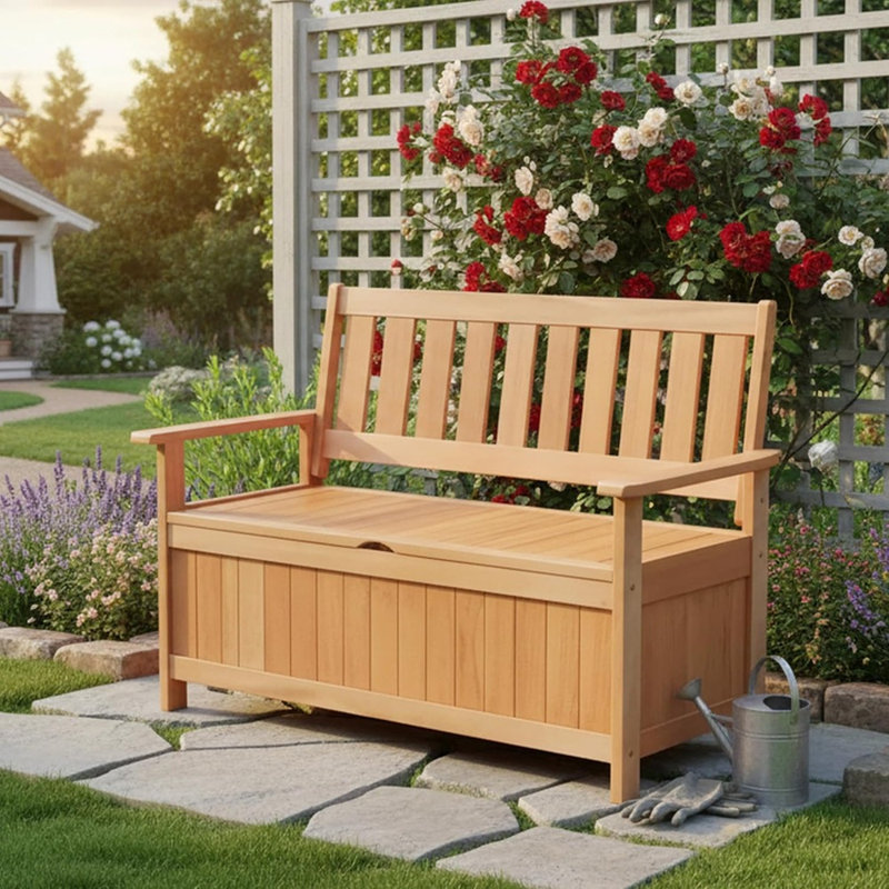 48-Inch Outdoor Wooden Storage Bench Deck Box, Loveseat Seating With 34.2-Gallon Storage Capacity, Slatted Backrest Bench For Garden, Lawn, Balcony, Or Porch