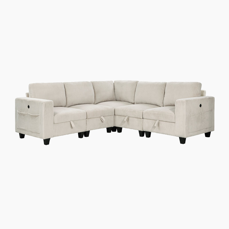 Skrzypek Square Arms Sectional with Storage, Beige Corduroy