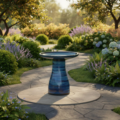 Leominster Freestanding Ceramic Outdoor Bird Bath with UV-Resistant Finish - Blue