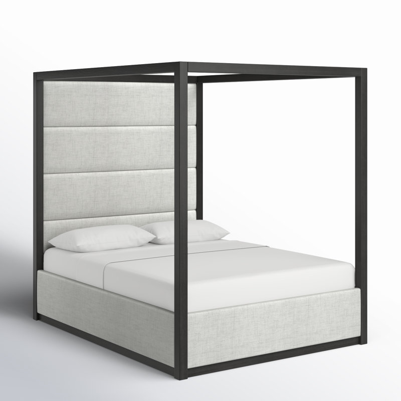 Langley Tufted Canopy Bed, Queen, Gray/Off-White