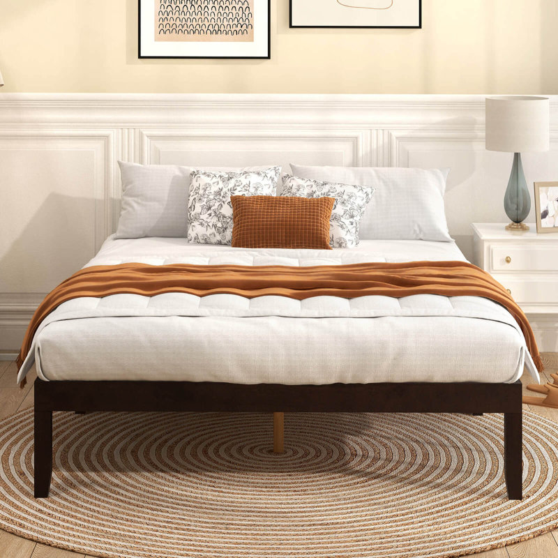 Wooden Platform Bed Frame 14" With Rubber Wood Legs Under-bed Storage, Full, Espresso
