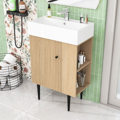 Meuble-lavabo simple autoportant moderne avec plateau en céramique et rangement latéral ouvert