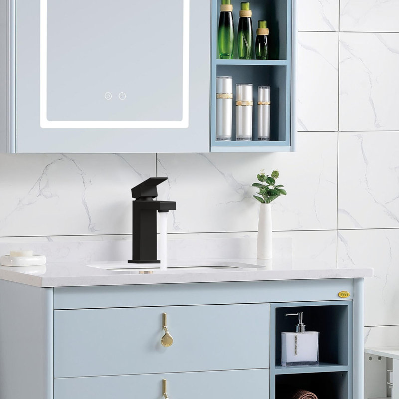  Solid Brass Modern Bathroom Sink Faucet Basin Vanity Square Bathroom Faucet with Pop-up Drain Water Supply Hoses