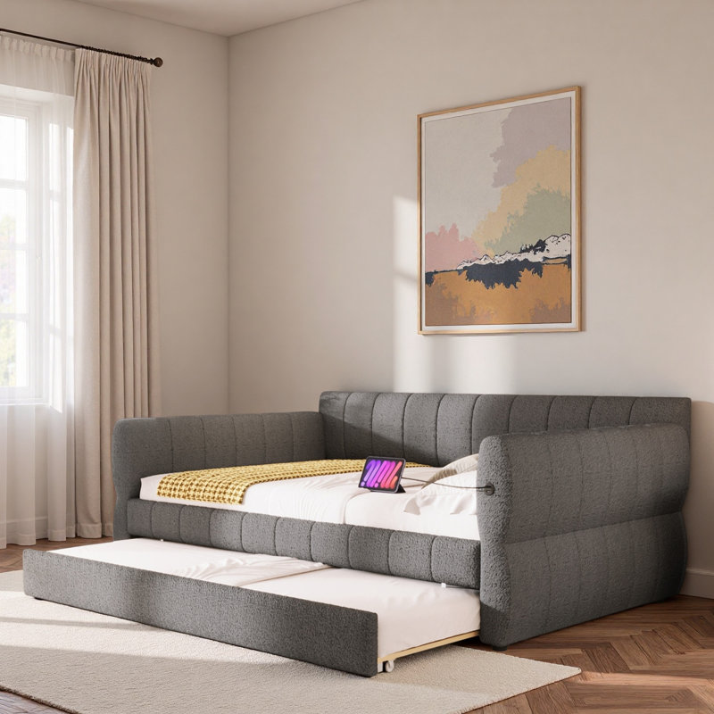 Upholstered Daybed With Usb And Trundle, Gray