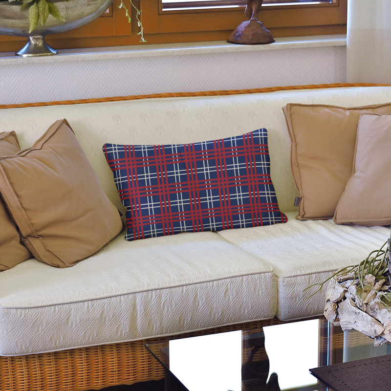 Plaid Leather/Suede Reversible Throw Pillow, Dark Blue/White/Red, Linen