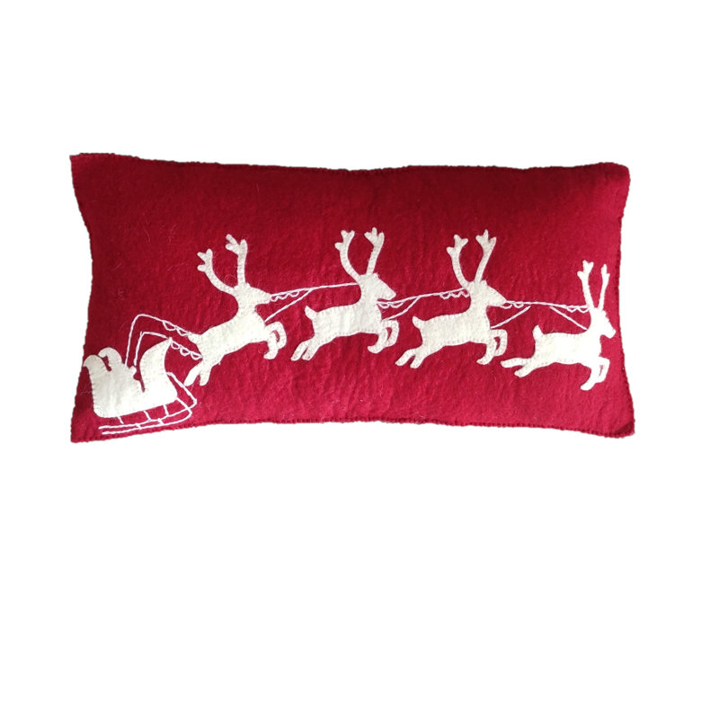 Hand Felted Wool Christmas Pillow- Cream Sleigh And Reindeer On Red - 12"X24", Pillow Cover Only - No Insert