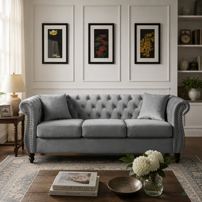 Canapé Chesterfield 80 po en velours pour salon, canapé 3 places capitonné avec accoudoirs roulés et têtes de clou pour salon, chambre à coucher, bureau, appartement, deux coussins