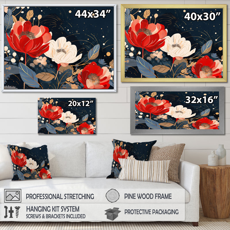 «Red White Harmony In Chaos» sur impression sur toile, Encadrement doré, H 34 po x l 44 po x P 1,5 po