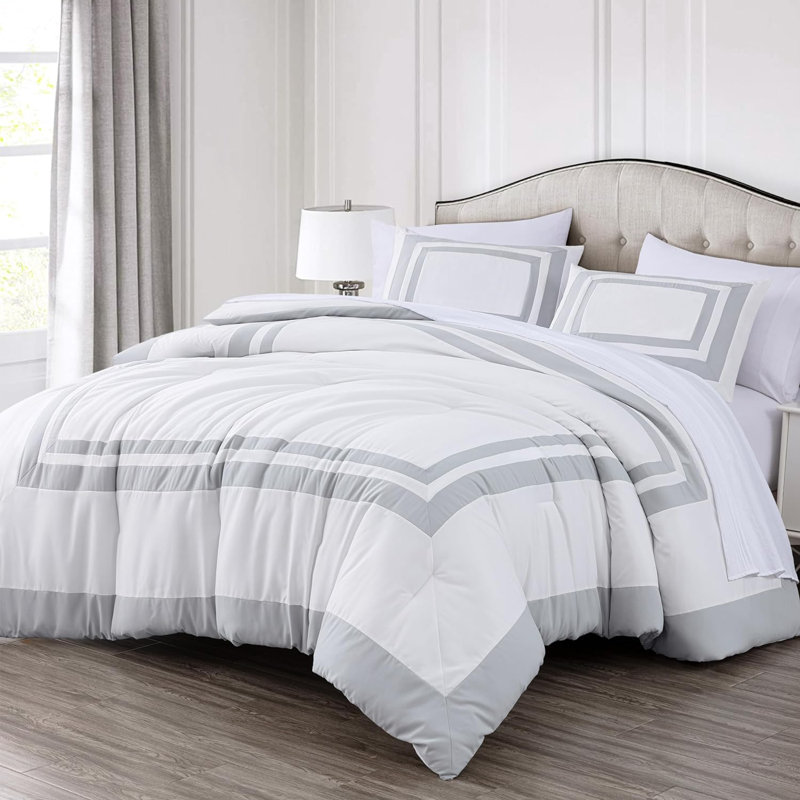 7-Piece Hotel Style Bed in a Bag Comforter Set with Sheets, White/Silver, Queen Comforter + 2 Standard Shams