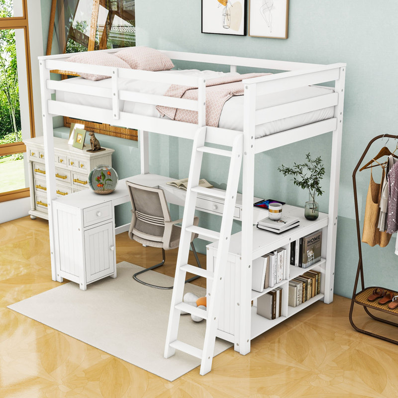 Harriet Bee Wooden Loft Bed With Built-In Desk And Shelves And 2 Drawer ...