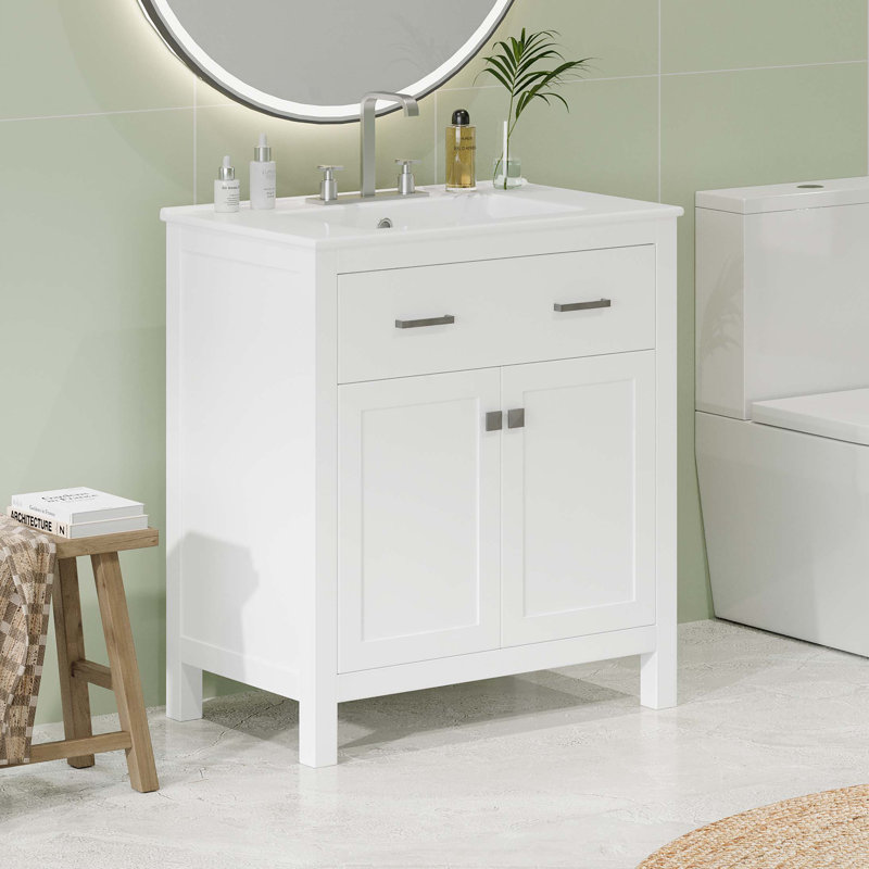  Meuble-lavabo avec lavabo en céramique, armoire de salle de bain simple avec 2 portes et une tablette, portes, Blanc