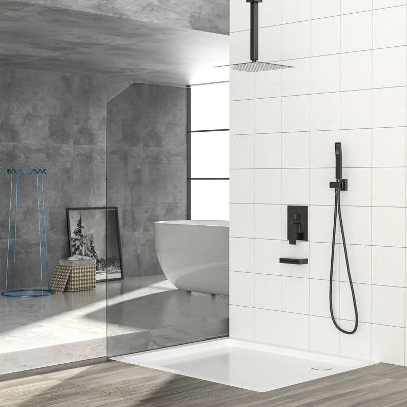 Système de douche avec douchette cascade et valve équilibrée - douchette de pluie carrée 12 po, à main, bronze huilé, équipement pivotant 12 po