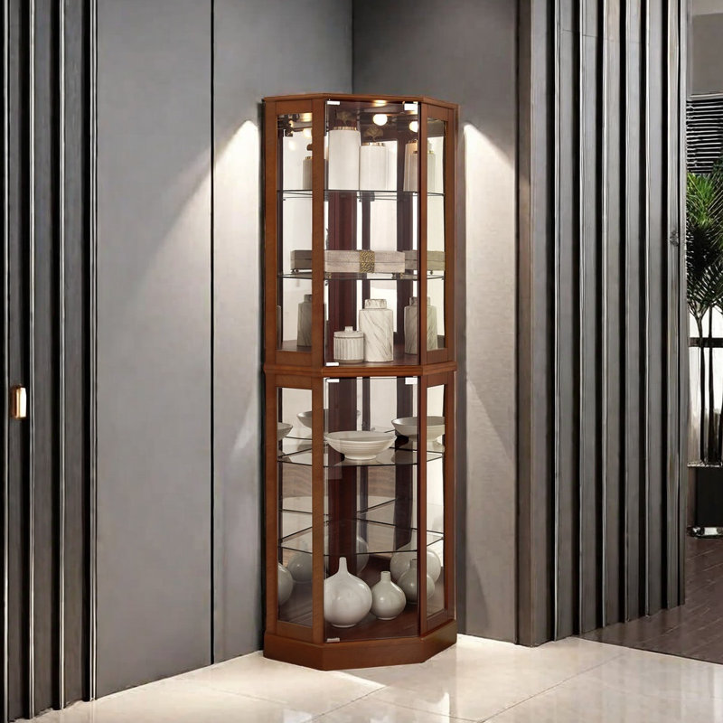 6 Shelf Corner Curio Display Cabinet With Lights, Mirrors And Adjustable Shelves(E26 Light Bulb Not Included), Oak
