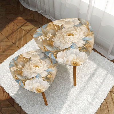 Minimaliste floral blanc pivoines marbre doré accents bleus feuilles pivoines triangulaires ensemble de 2 tables basses gigognes autoportantes empilables économisant de l'espace Mobilier de table d'appoint pour les adolescents adultes familles locataires salon chambre à coucher