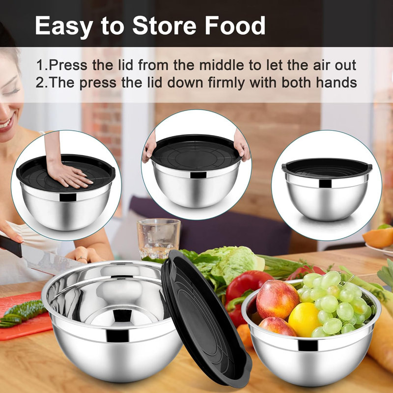 6-piece Stainless Steel Mixing Bowl Set With Airtight Lids