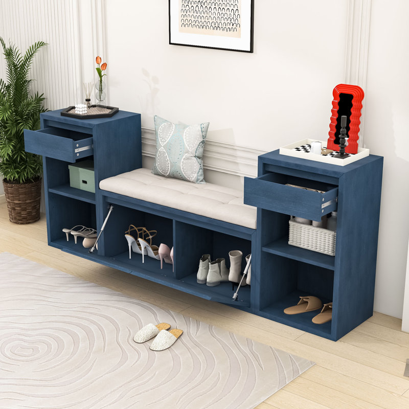 Banc de rangement en bois avec coussin, 2 tiroirs, compartiments rabattables et tablettes ouvertes réglables