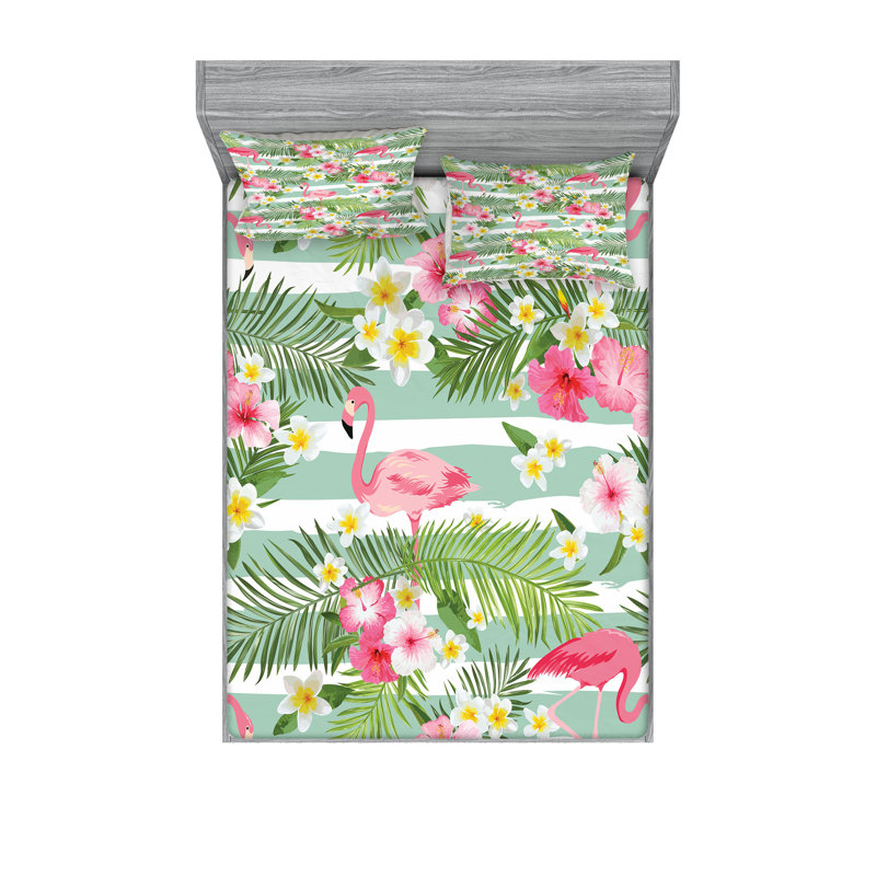 Drap-housse et coussin décoratif Ambesonne Flamingo vert rose blanc, Ensemble de draps pour grand lit + 5 pièces suppl