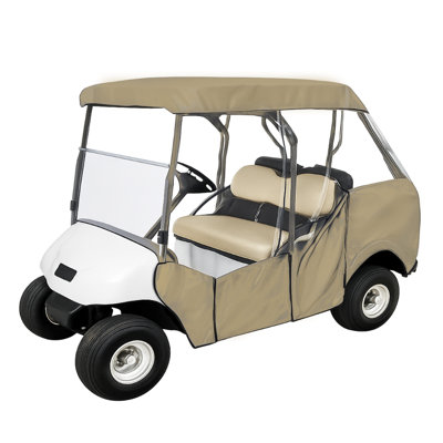 2 Passenger 3 Sides Golf Cart Driving Enclosure Cover in Taupe , Heavy-Duty Polyester with Clear PVC Panels, Fits Roofs Up to 58"