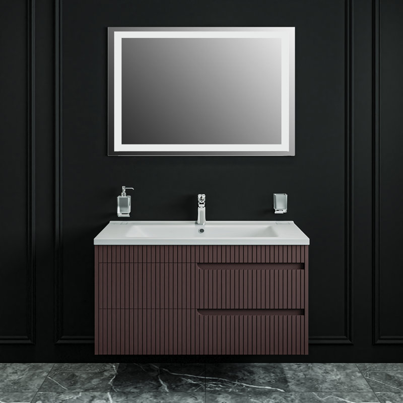 Ensemble de meuble-lavabo mural avec lavabo Jakki-W_Modern, Brun mat