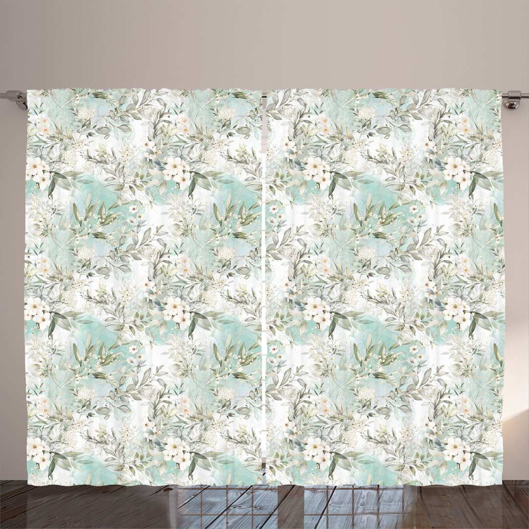 Rustic curtain, bohemian floral print, botanical feeling, eggshell mint green