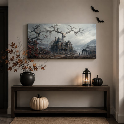 Manoir gothique avec squelette géant et roses rouges - Toile murale d'Halloween