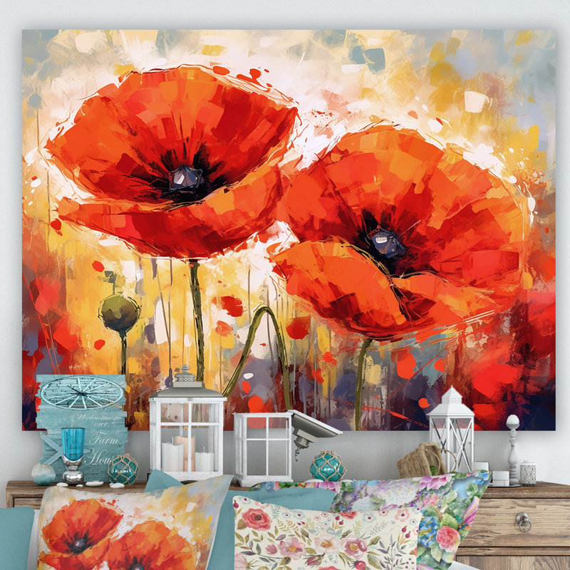 " Vibrant Red And Yellow Poppy Field Dreams ", Wrapped Canvas, 12" H x 20" W