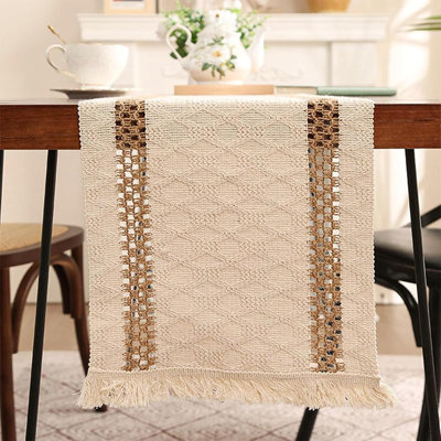 Chemin de table pour l'Action de grâce de Noël Hiver Home Decor 72 pouces long chemin de table Macrame chemin de table en coton tissé lin chemins de table pour la décoration de la table de salle à manger, beige et brun