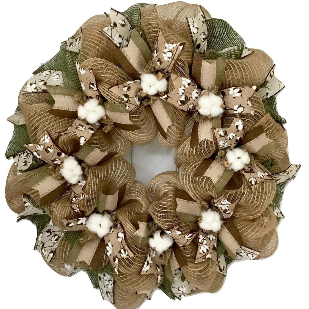 Cotton Blossoms Southern Wreath 24 inches Indoor/Outdoor Handmade Deco Mesh August Grove®
