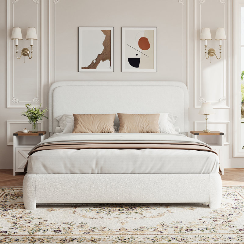 Ensemble de lit plateforme tapissier 3 pièces Bensu Boucle, Grand, Blanc