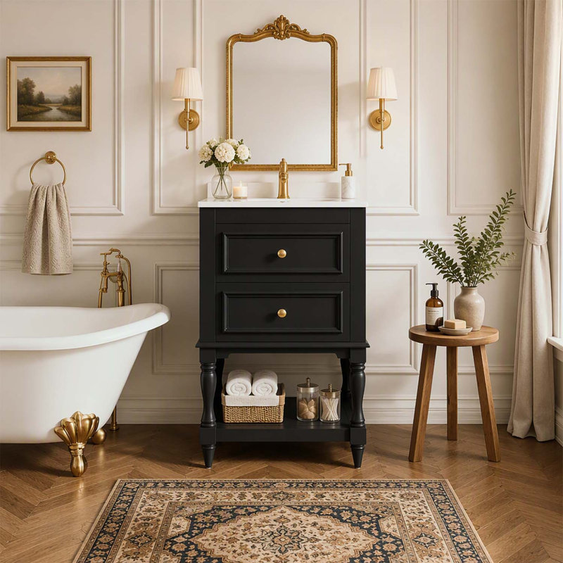Retro Design Bathroom Vanity with Ceramic Sink, 2 Drawers, and Open Shelf for Elegant Storage and Modern Functionality
