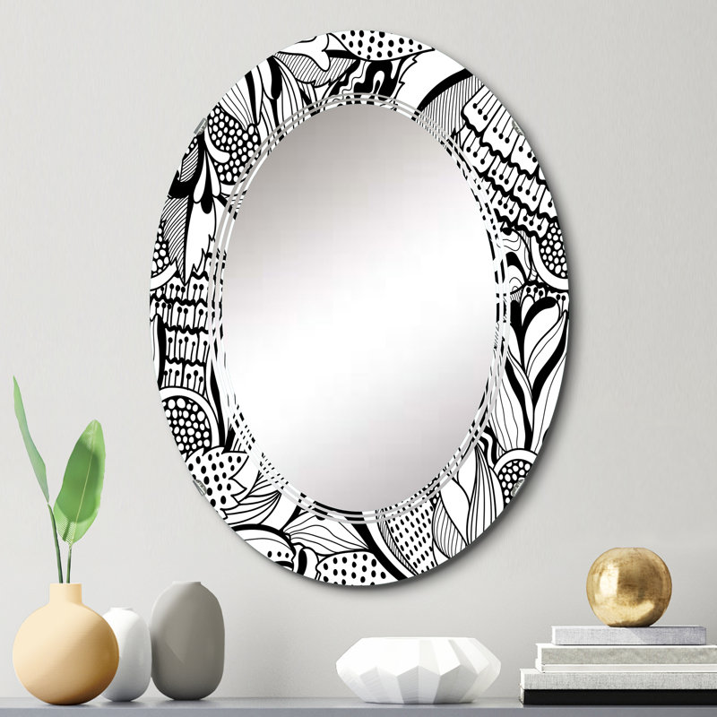 Fleurs abstraites en noir et blanc - Miroir mural moderne ovale, 30 po x 20 po
