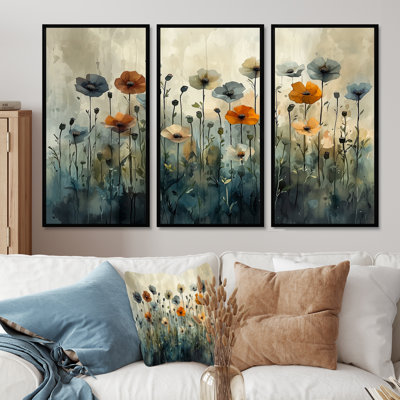 Hiver, minimalisme, coquelicots, champ III - coquelicots, art mural - 3 panneaux