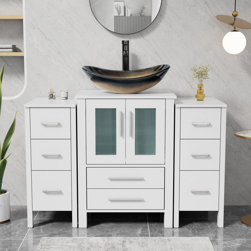 Meuble-lavabo simple 48 po avec lavabo vasque Sharee, comptoir en bois manufacturé, robinet et drain Sharee, Champagne, Blanc