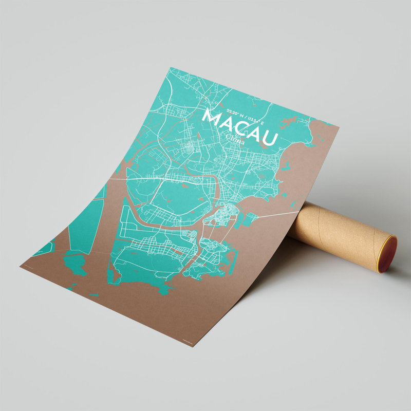 Macau, carte de la ville, impression, H 17 po x l 11 po, Vert / brun