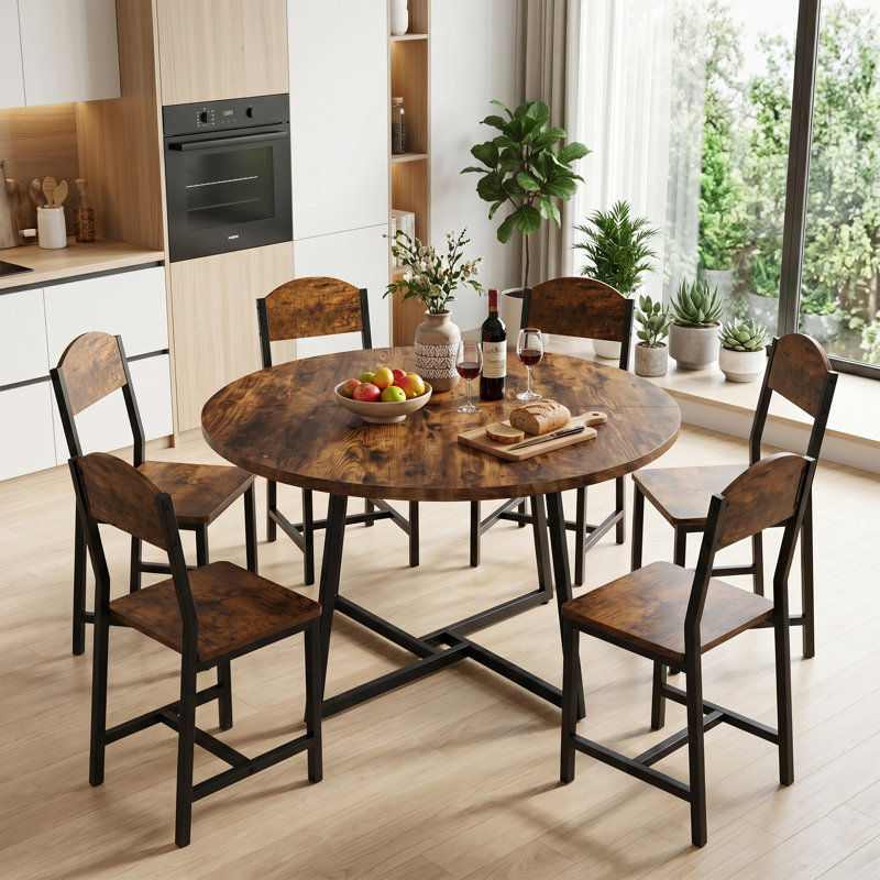 Ensemble de salle à manger industriel rond 7 pièces, table de cuisine ronde en bois de 42,1 pouces avec base en métal en forme de X et 6 chaises de salle à manger robustes