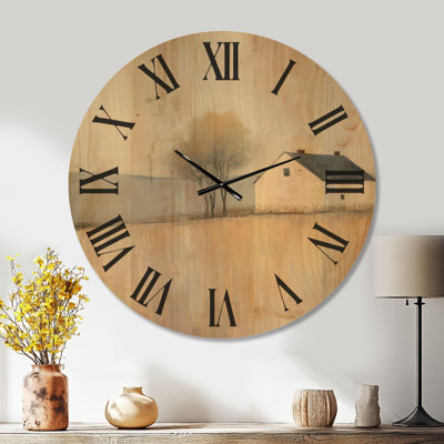 Horloge murale rustique ronde « Ferme solitaire et arbre », imprimée sur bois massif