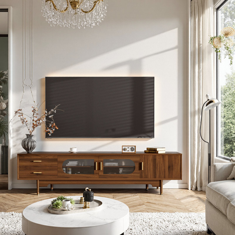 Meuble télé avec portes et tiroirs en verre cannelé, centre de divertissement avec pieds en bois massif